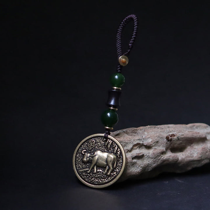 Buddha Stones Llavero de equilibrio de cobre y latón con el personaje Bagua Fu del año del caballo del zodíaco chino - Buey de cobre y latón - image 2