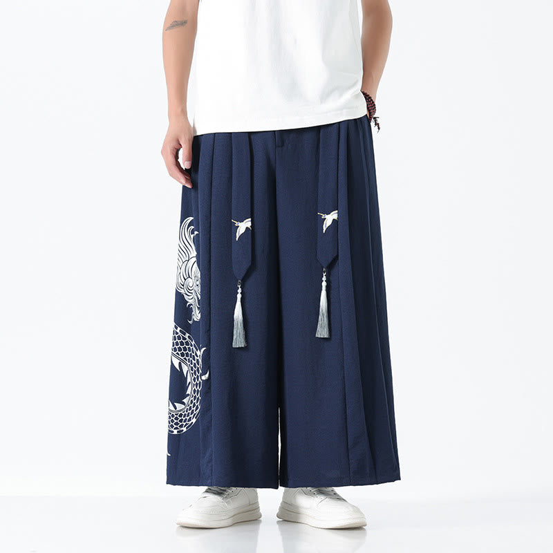 Buddha Stones Pantalones anchos de algodón con diseño de dragón de verano y cordón ajustable hasta el tobillo para hombre con bolsillos - image 1