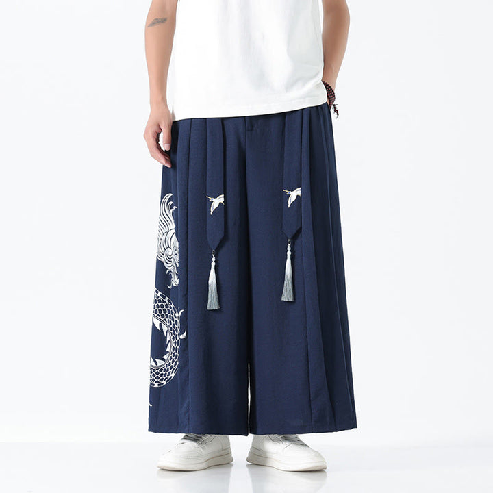 Buddha Stones Pantalones anchos de algodón con diseño de dragón de verano y cordón ajustable hasta el tobillo para hombre con bolsillos - image 1