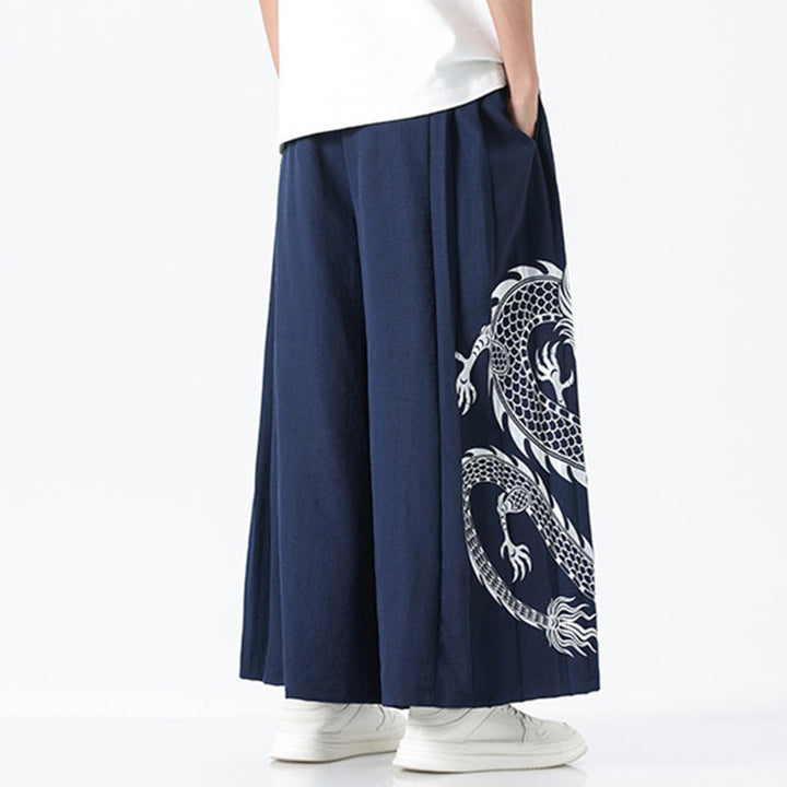 Buddha Stones Pantalones anchos de algodón con diseño de dragón de verano y cordón ajustable hasta el tobillo para hombre con bolsillos - image 3