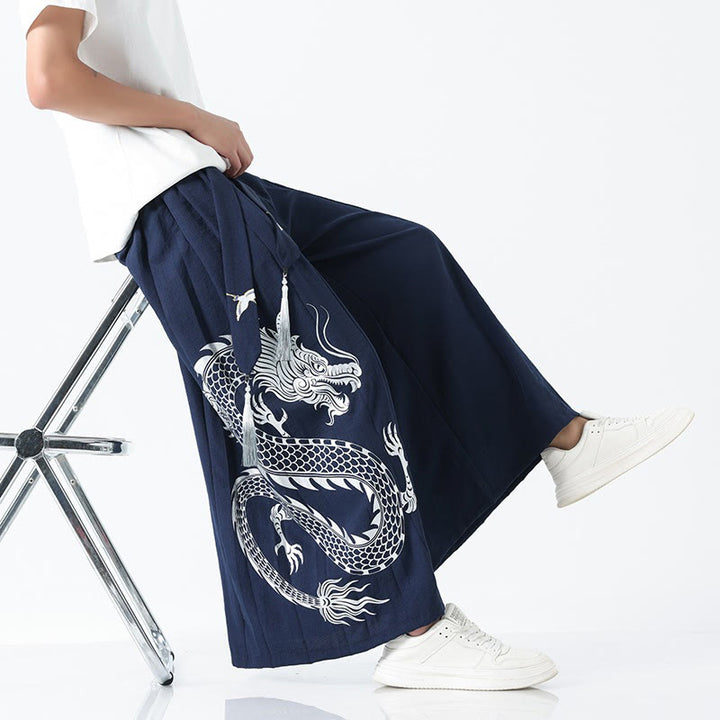 Buddha Stones Pantalones anchos de algodón con diseño de dragón de verano y cordón ajustable hasta el tobillo para hombre con bolsillos - image 7