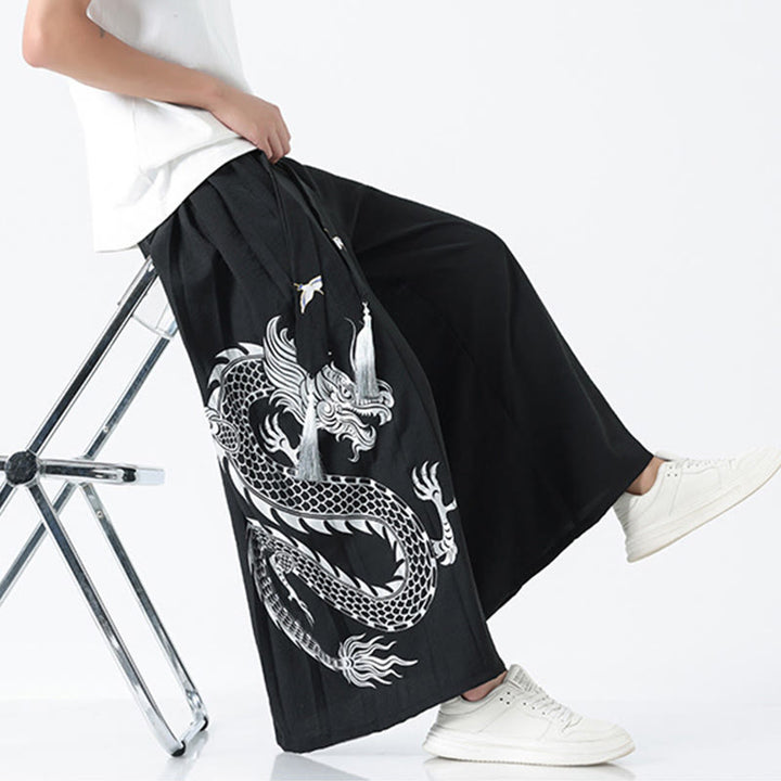 Buddha Stones Pantalones anchos de algodón con diseño de dragón de verano y cordón ajustable hasta el tobillo para hombre con bolsillos - image 14