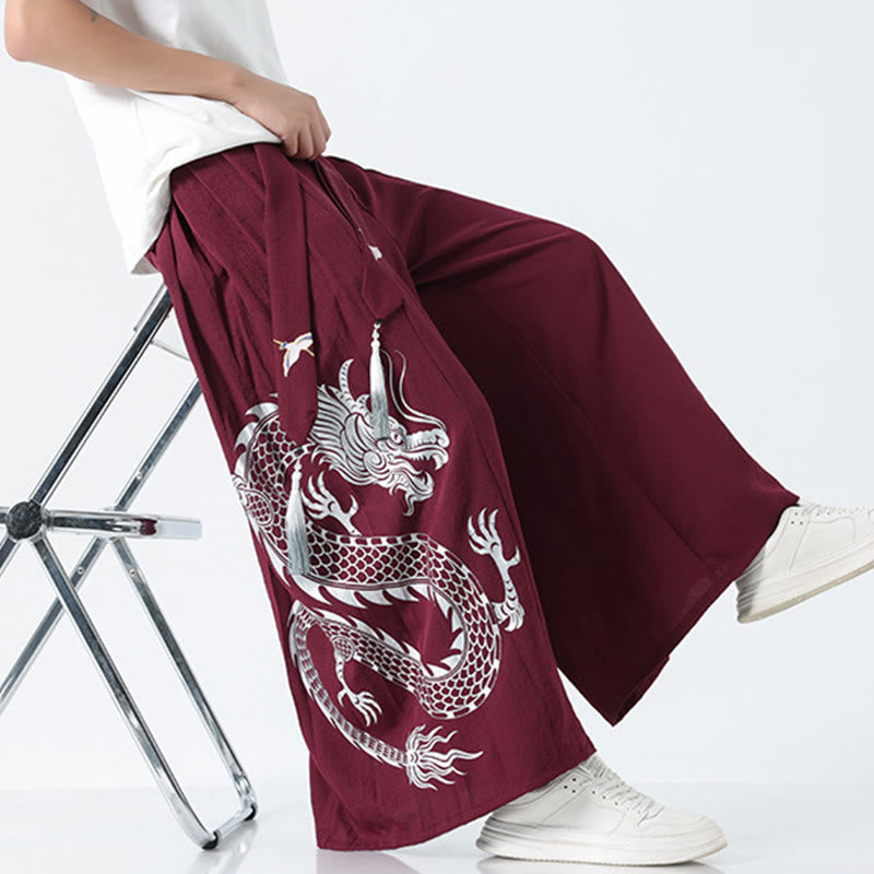 Buddha Stones Pantalones anchos de algodón con diseño de dragón de verano y cordón ajustable hasta el tobillo para hombre con bolsillos - image 23