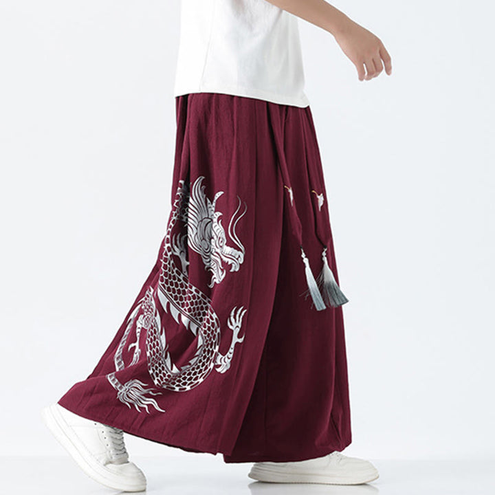 Buddha Stones Pantalones anchos de algodón con diseño de dragón de verano y cordón ajustable hasta el tobillo para hombre con bolsillos - image 20