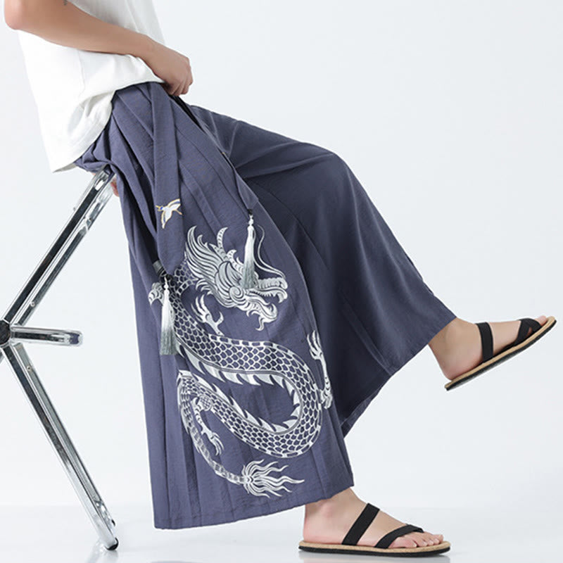 Buddha Stones Pantalones anchos de algodón con diseño de dragón de verano y cordón ajustable hasta el tobillo para hombre con bolsillos - image 35