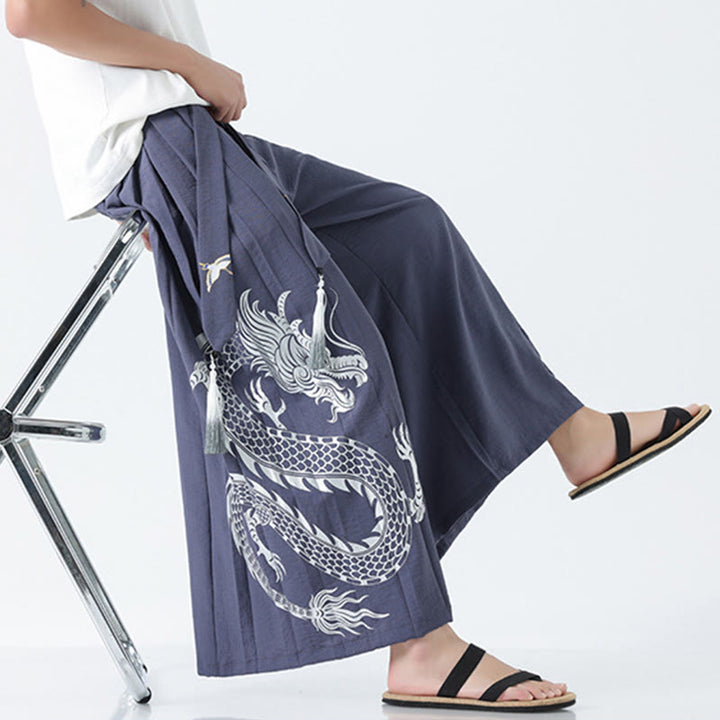 Buddha Stones Pantalones anchos de algodón con diseño de dragón de verano y cordón ajustable hasta el tobillo para hombre con bolsillos - image 35