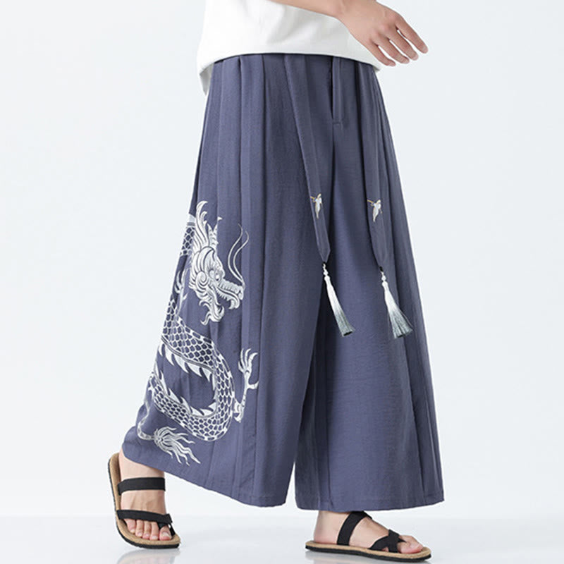 Buddha Stones Pantalones anchos de algodón con diseño de dragón de verano y cordón ajustable hasta el tobillo para hombre con bolsillos - image 29
