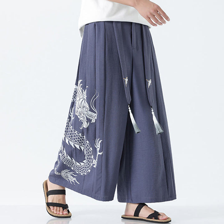 Buddha Stones Pantalones anchos de algodón con diseño de dragón de verano y cordón ajustable hasta el tobillo para hombre con bolsillos - image 29