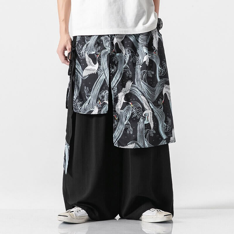 Buddha Stones Pantalones anchos de algodón con diseño de grúa voladora de verano para hombre con bolsillos - Negro - US/UK/AU46, EU56 (5XL) - image 23