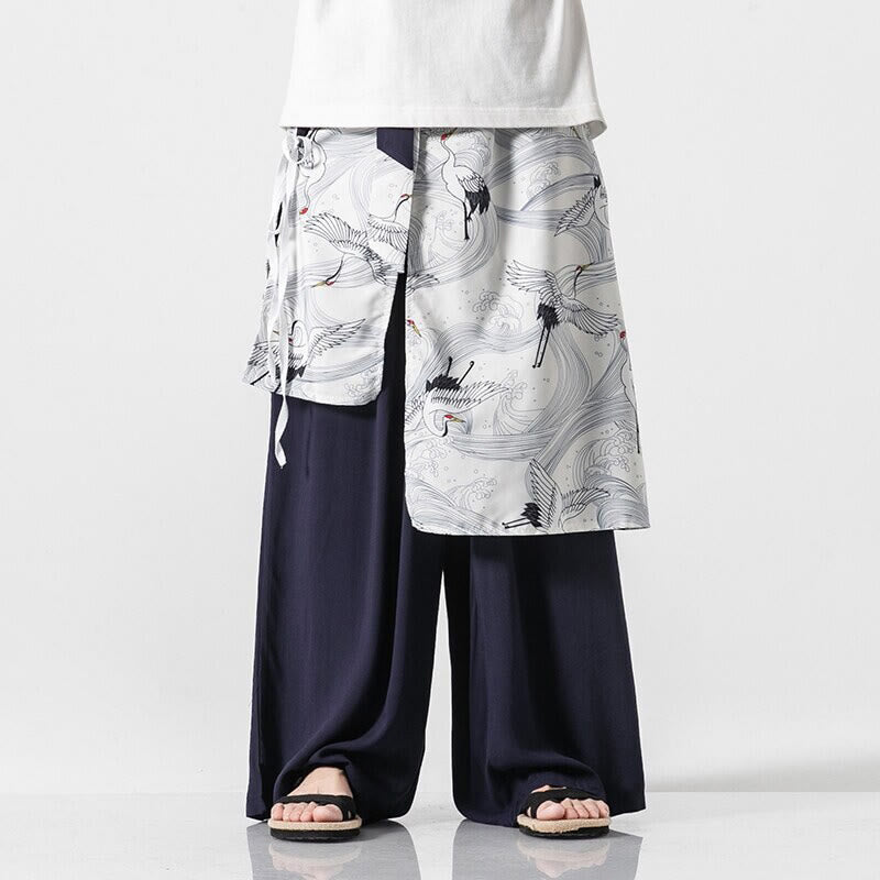 Buddha Stones Pantalones anchos de algodón con diseño de grúa voladora de verano para hombre con bolsillos - Azul acero - US/UK/AU46, EU56 (5XL) - image 0