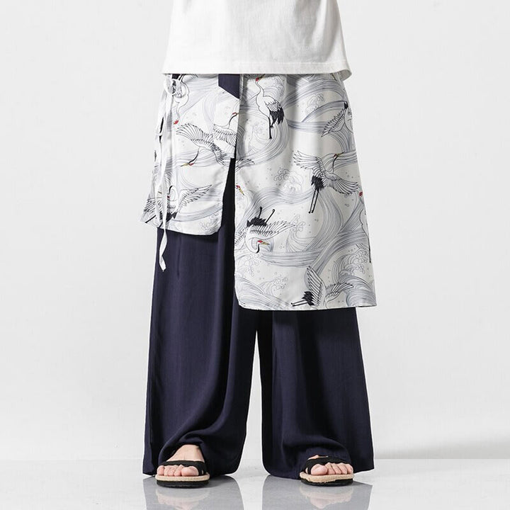 Buddha Stones Pantalones anchos de algodón con diseño de grúa voladora de verano para hombre con bolsillos - Azul acero - US/UK/AU46, EU56 (5XL) - image 0