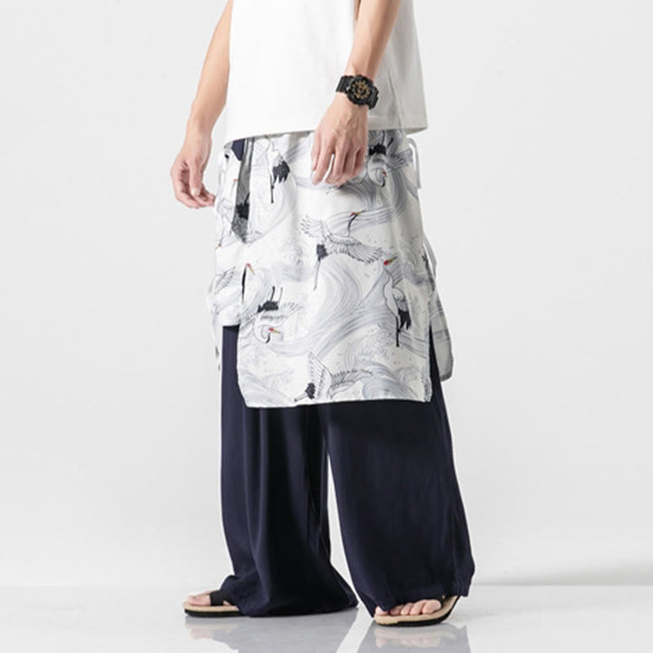 Buddha Stones Pantalones anchos de algodón con diseño de grúa voladora de verano para hombre con bolsillos - image 3