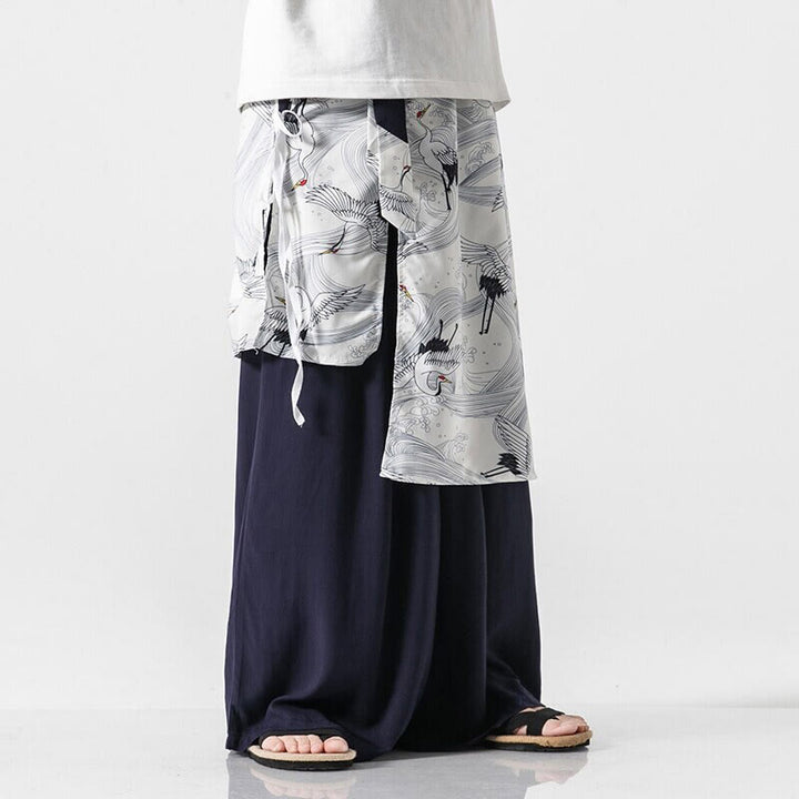 Buddha Stones Pantalones anchos de algodón con diseño de grúa voladora de verano para hombre con bolsillos - image 1