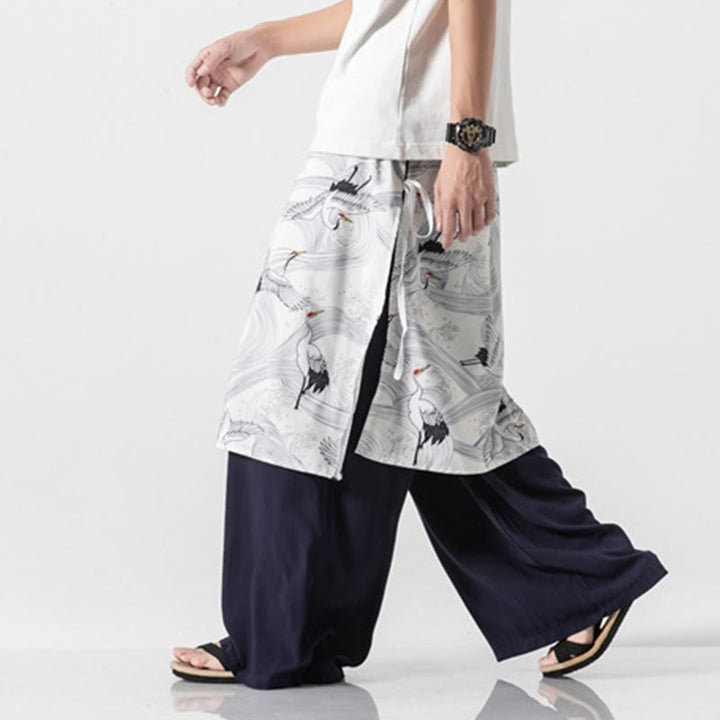 Buddha Stones Pantalones anchos de algodón con diseño de grúa voladora de verano para hombre con bolsillos - image 4