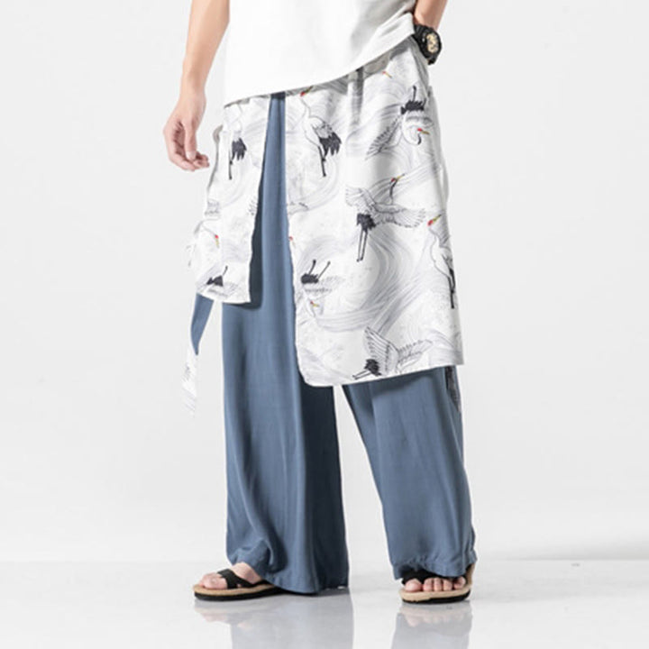 Buddha Stones Pantalones anchos de algodón con diseño de grúa voladora de verano para hombre con bolsillos - image 18