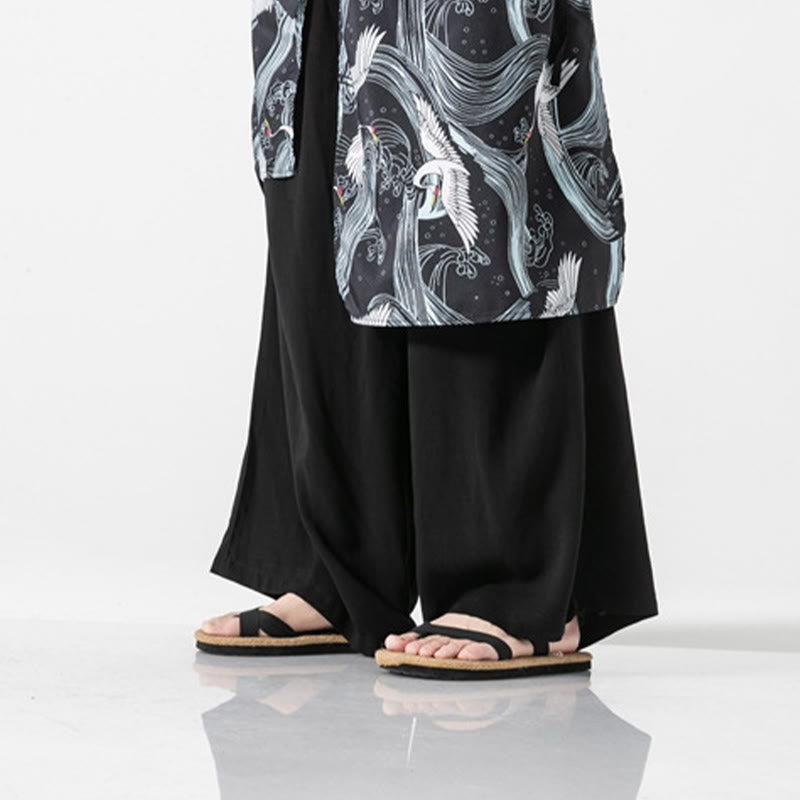 Buddha Stones Pantalones anchos de algodón con diseño de grúa voladora de verano para hombre con bolsillos - image 37