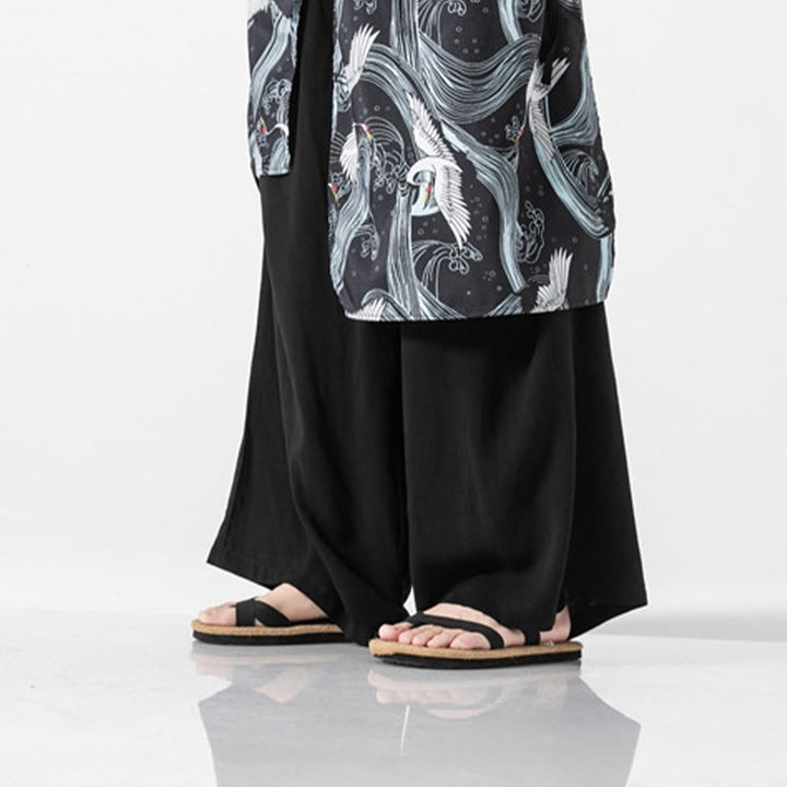 Buddha Stones Pantalones anchos de algodón con diseño de grúa voladora de verano para hombre con bolsillos - image 37