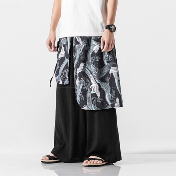 Buddha Stones Pantalones anchos de algodón con diseño de grúa voladora de verano para hombre con bolsillos - image 25