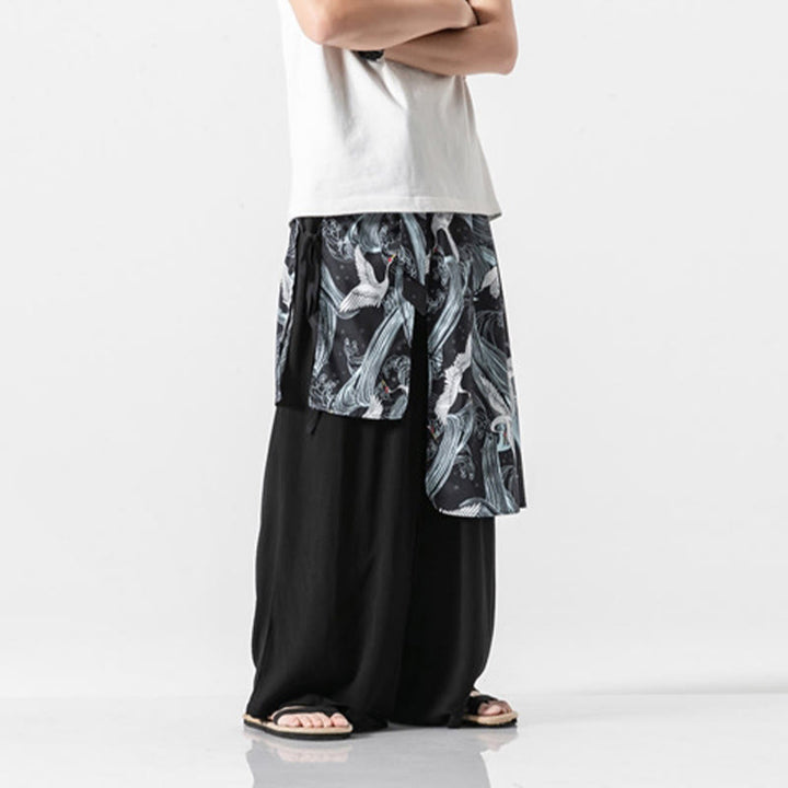 Buddha Stones Pantalones anchos de algodón con diseño de grúa voladora de verano para hombre con bolsillos - image 32