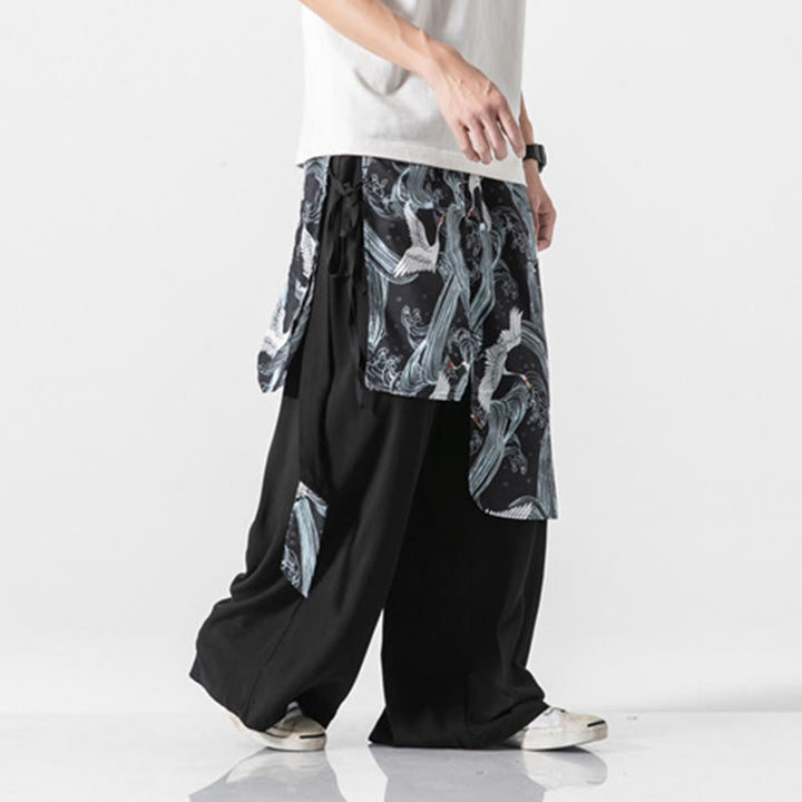 Buddha Stones Pantalones anchos de algodón con diseño de grúa voladora de verano para hombre con bolsillos - image 30