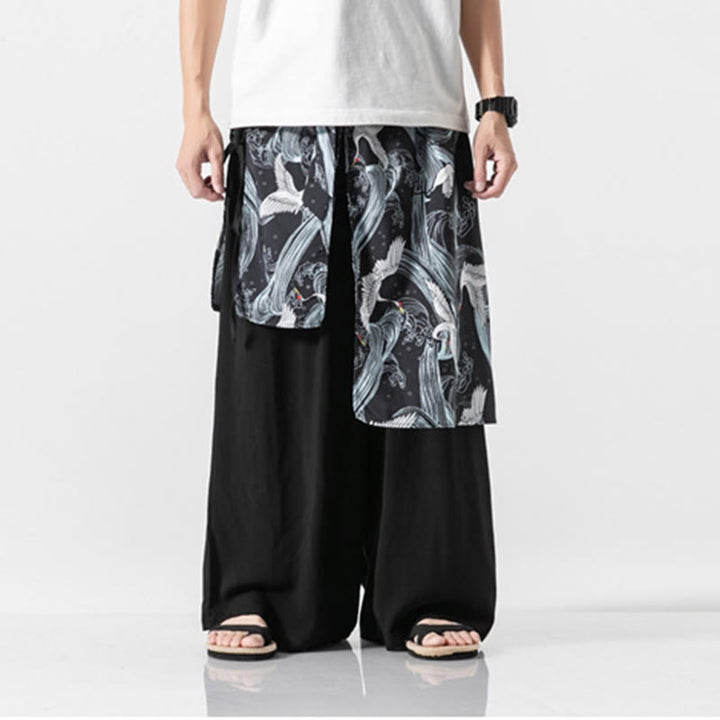 Buddha Stones Pantalones anchos de algodón con diseño de grúa voladora de verano para hombre con bolsillos - image 29