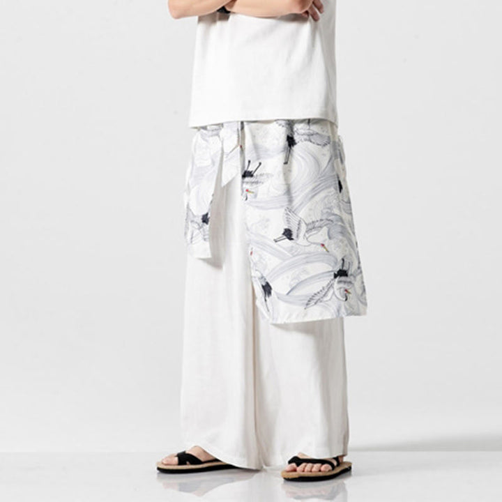 Buddha Stones Pantalones anchos de algodón con diseño de grúa voladora de verano para hombre con bolsillos - image 45