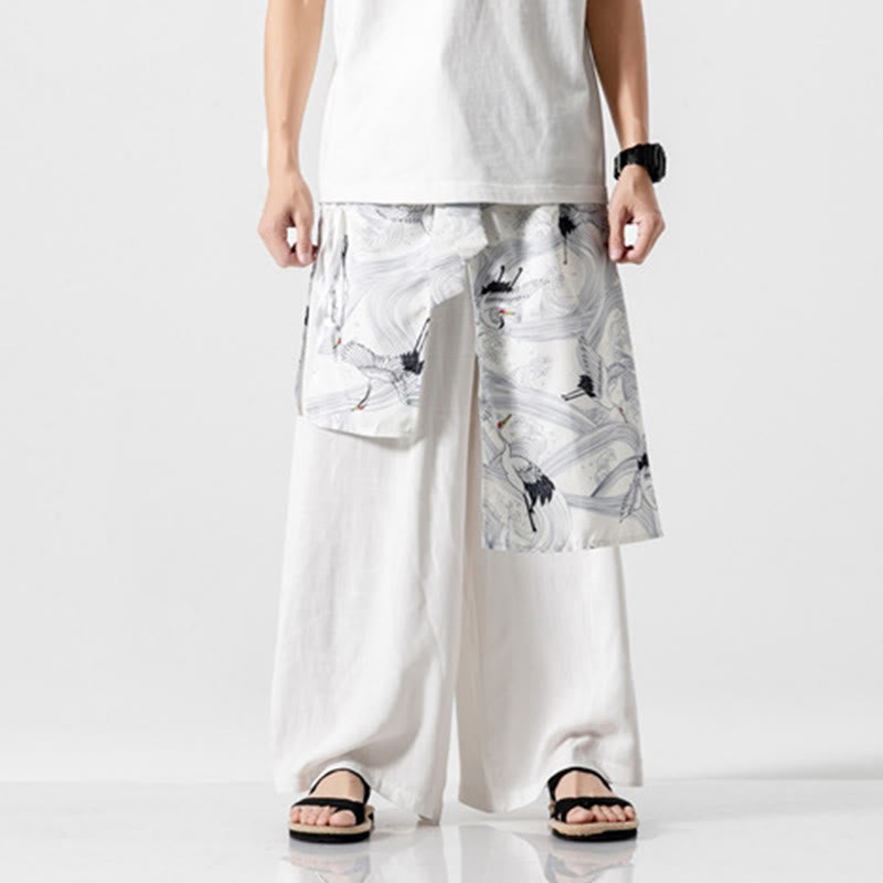 Buddha Stones Pantalones anchos de algodón con diseño de grúa voladora de verano para hombre con bolsillos - image 44