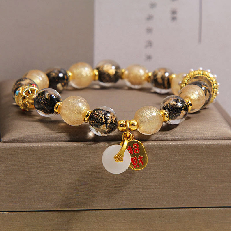 Buddha Stones Pulsera de bendición con hebilla de paz y cuentas de vidrio Liuli de oro negro que atrae la riqueza - image 5