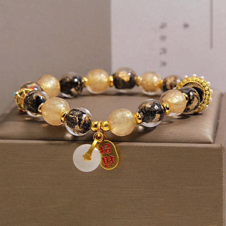 Buddha Stones Pulsera de bendición con hebilla de paz y cuentas de vidrio Liuli de oro negro que atrae la riqueza - image 6