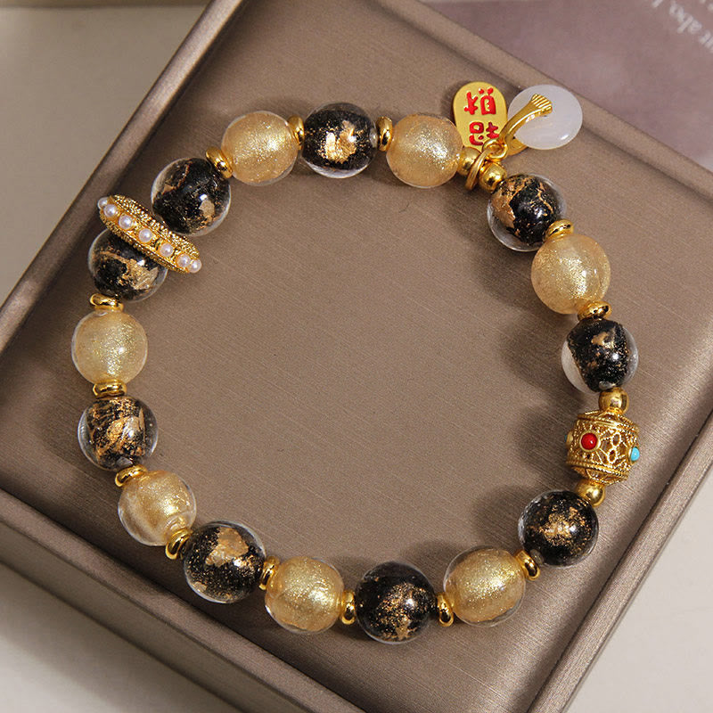 Buddha Stones Pulsera de bendición con hebilla de paz y cuentas de vidrio Liuli de oro negro que atrae la riqueza - image 3