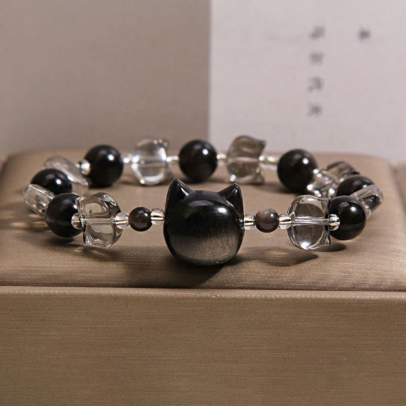 Buddha Stones Pulsera de fuerza purificadora con cabeza de gato de obsidiana negra - Obsidiana negra (circunferencia de la muñeca: 14-16 cm) - image 0
