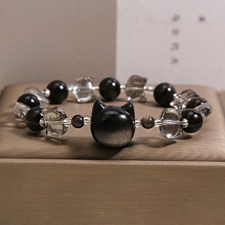 Buddha Stones Pulsera de fuerza purificadora con cabeza de gato de obsidiana negra - Obsidiana negra (circunferencia de la muñeca: 14-16 cm) - image 0