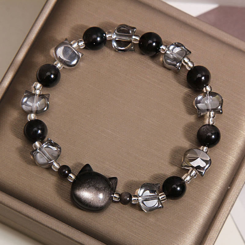 Buddha Stones Pulsera de fuerza purificadora con cabeza de gato de obsidiana negra - image 4