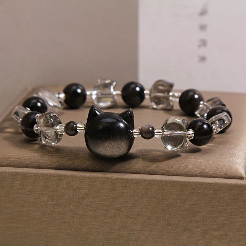 Buddha Stones Pulsera de fuerza purificadora con cabeza de gato de obsidiana negra - image 6