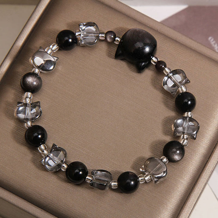 Buddha Stones Pulsera de fuerza purificadora con cabeza de gato de obsidiana negra - image 2
