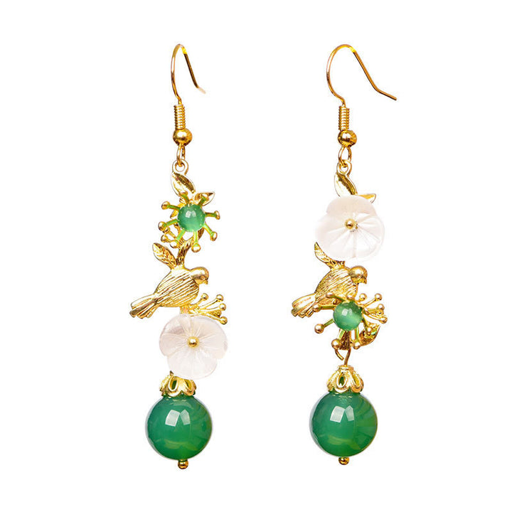 Buddha Stones Pendientes colgantes con cuentas de ágata verde y flor blanca con forma de pájaro - image 6