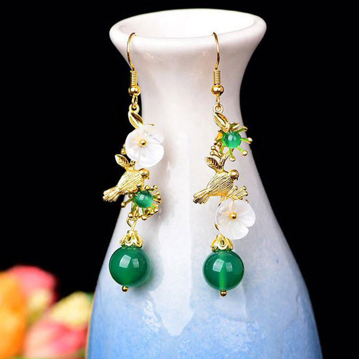 Buddha Stones Pendientes colgantes con cuentas de ágata verde y flor blanca con forma de pájaro - image 3