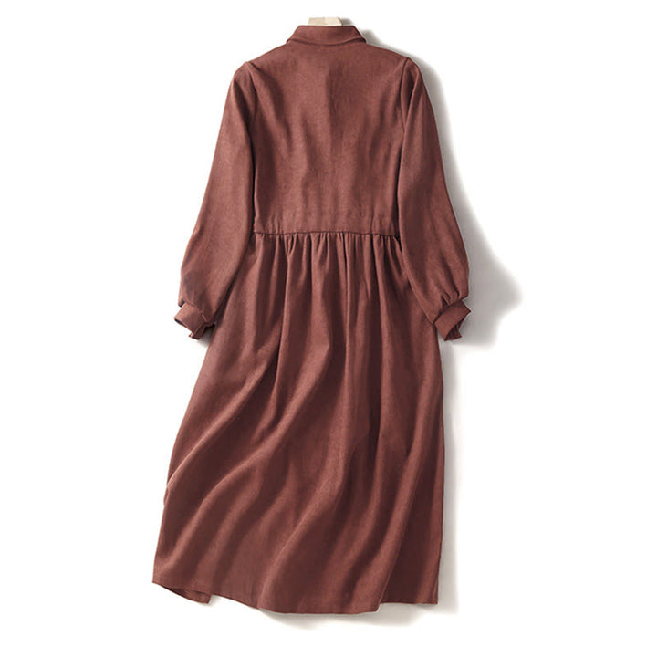 Buddha Stones Vestido midi de manga larga con bolsillos, diseño de botones y cordones en color liso de otoño - image 1