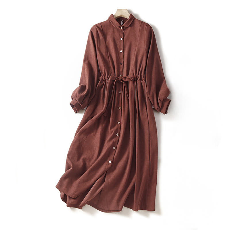 Buddha Stones Vestido midi de manga larga con bolsillos, diseño de botones y cordones en color liso de otoño - SaddleBrown - US12, UK/AU16, EU44 (2XL) - image 0