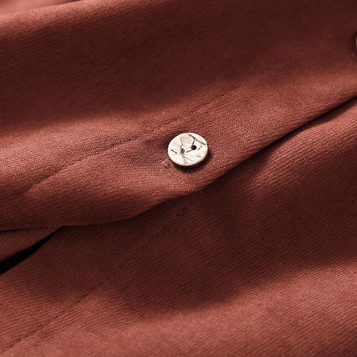 Buddha Stones Vestido midi de manga larga con bolsillos, diseño de botones y cordones en color liso de otoño - image 6