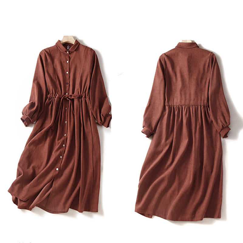 Buddha Stones Vestido midi de manga larga con bolsillos, diseño de botones y cordones en color liso de otoño - image 12