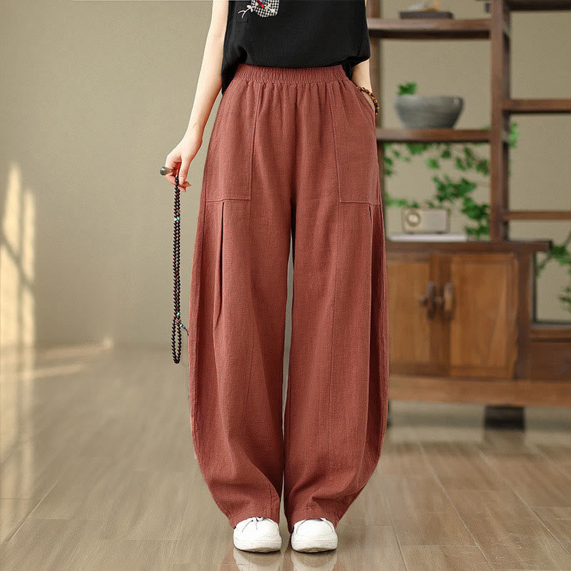 Buddha Stones Pantalones rectos de lino y algodón de color liso para mujer con bolsillos - image 8