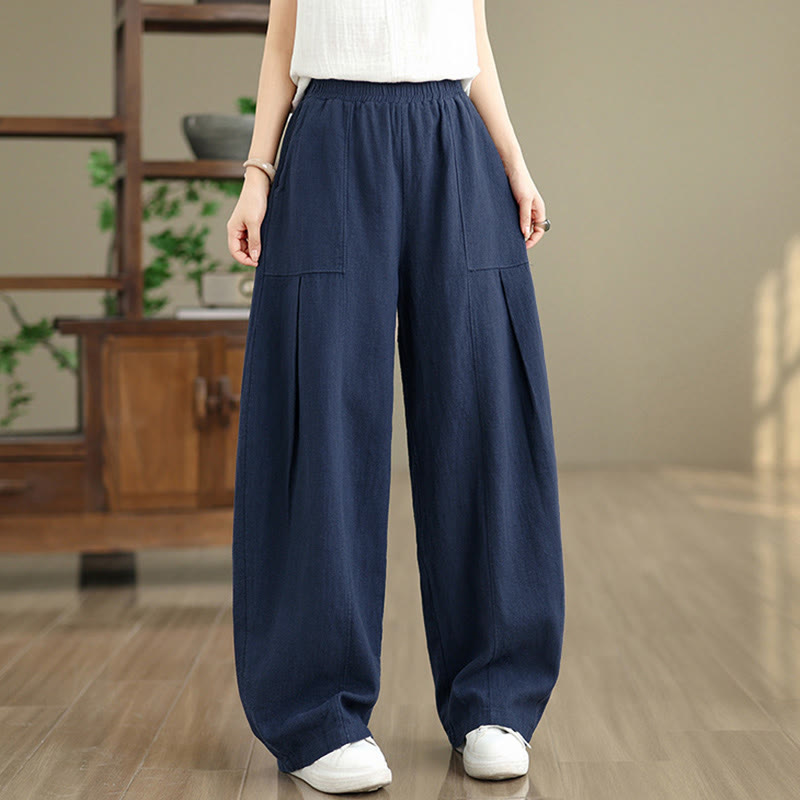 Buddha Stones Pantalones rectos de lino y algodón de color liso para mujer con bolsillos - image 17