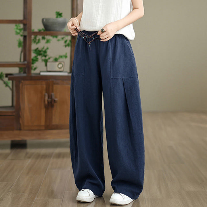 Buddha Stones Pantalones rectos de lino y algodón de color liso para mujer con bolsillos - image 19