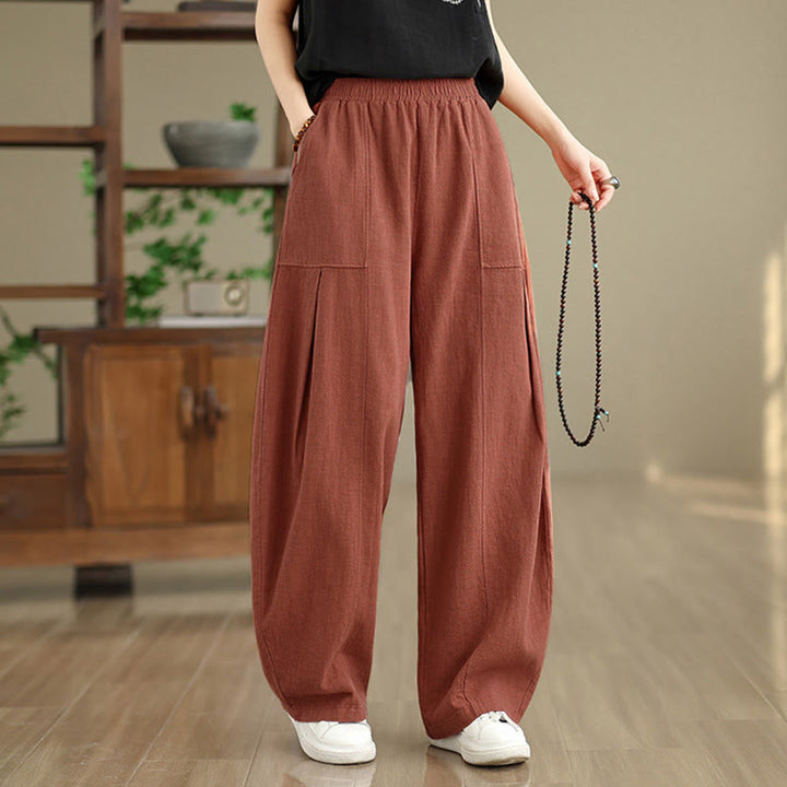 Buddha Stones Pantalones rectos de lino y algodón de color liso para mujer con bolsillos - image 12