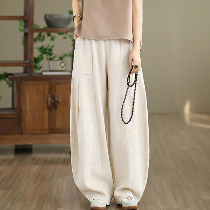 Buddha Stones Pantalones rectos de lino y algodón de color liso para mujer con bolsillos - Lino - US8-10，UK/AU12-14，EU40-42 (2XL) - image 0