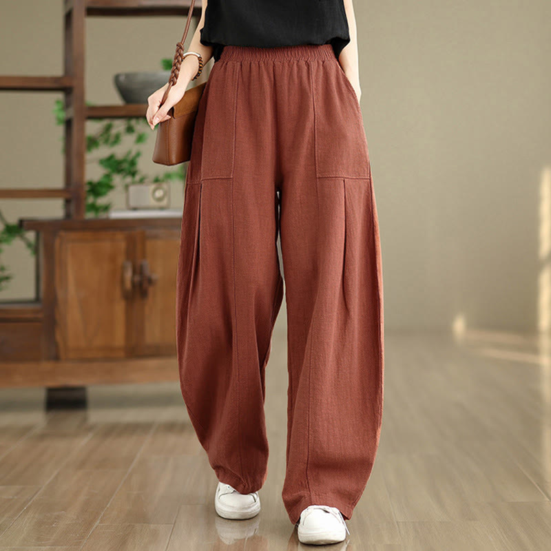 Buddha Stones Pantalones rectos de lino y algodón de color liso para mujer con bolsillos - image 13