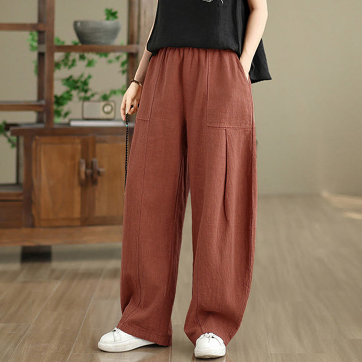 Buddha Stones Pantalones rectos de lino y algodón de color liso para mujer con bolsillos - image 14