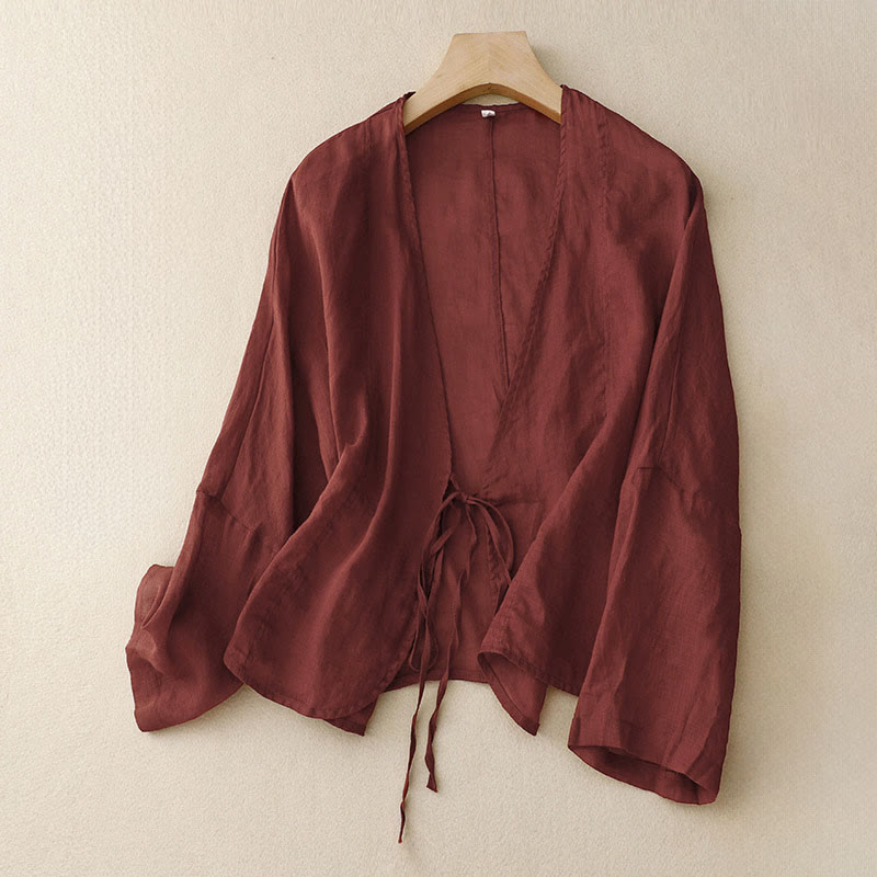 Buddha Stones Kimono de verano liso de manga larga con cordones y parte delantera abierta para mujer - Rojo oscuro - US12，UK/AU16，EU44 (XL) - image 0