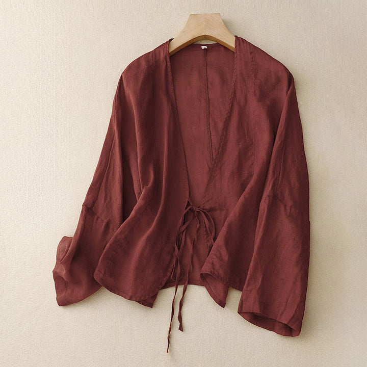 Buddha Stones Kimono de verano liso de manga larga con cordones y parte delantera abierta para mujer - Rojo oscuro - US12，UK/AU16，EU44 (XL) - image 0